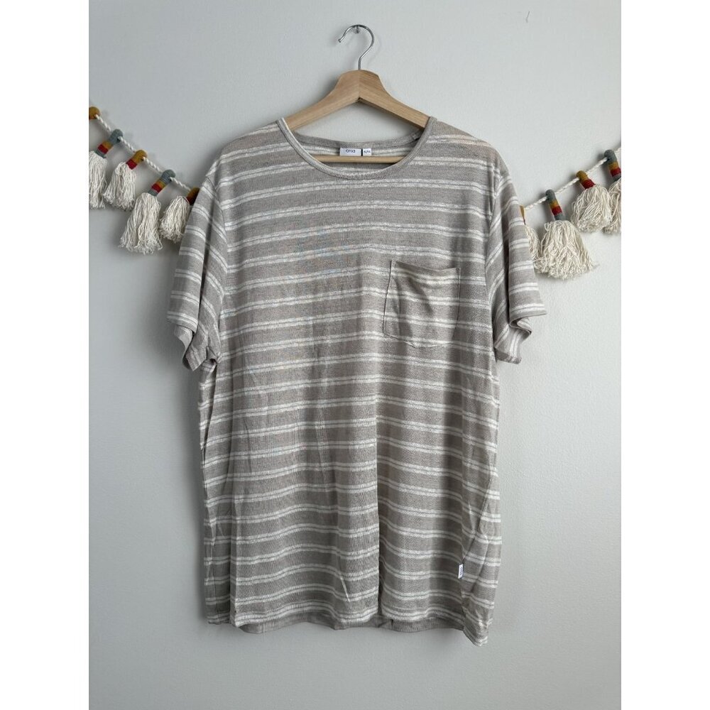 Onia 100% Linen Gray Striped Pocket Tshirt Breathable Relaxed Coastal Men NWOT
